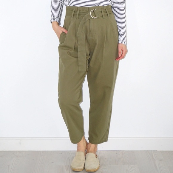 Abercrombie & Fitch Linen Blend Belted Pleated Crop Pants in Green - Picture 1 of 4